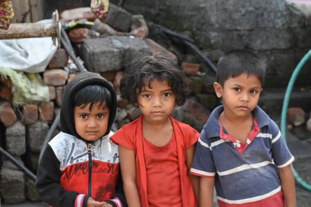 Hyderabad, India - Jan 13, 2020 - Rohingya refugee children life, It was captured while they are playing in refugee camp at Balapur, Hafeez Baba Nager, Hyderabad, Telangana, India.のeditorial素材