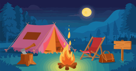 A camping scene with tent and campfireのイラスト素材