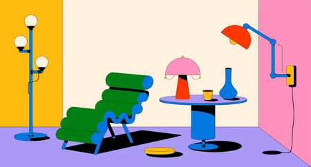 A room with furniture and lamps art room, furniture, lamp, chair, table, vase, design, interior, art, modern, home, style, decoration, colorful, illustration, floor, wall, light,のイラスト素材