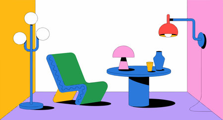 Colorful room with modern furniture room, furniture, chair, table, lamp, vase, glass, wall, floor, light, shadow, design, modern, interior, style, art, colorful, pink, yellow, blueのイラスト素材