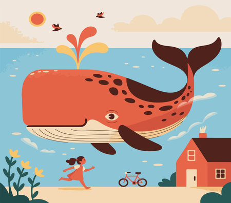 Whale flying over a seaside town whale, sea, town, girl, bike, house, sky, clouds, sun, birds, ocean, water, waves, sand, beach, flowers, plants, grass, trees, roof, window, door,のイラスト素材