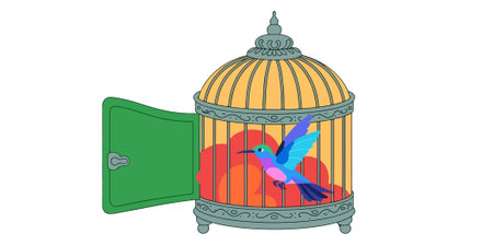 Bird in cage with open door designのイラスト素材
