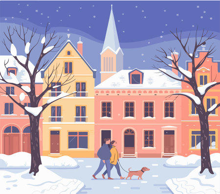 Couple walking dog in snowy town winter scene art snow, winter, town, couple, dog, buildings, trees, street, scene, art, illustration, architecture, sky, cold, season, city, house,のイラスト素材