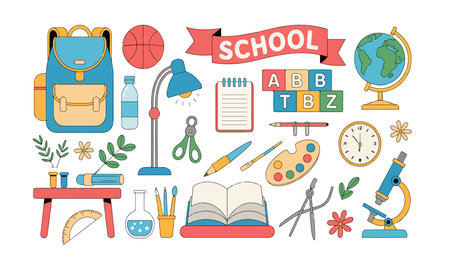 Illustration of school supplies and accessories backpack, basketball, bottle, lamp, notepad, blocks, globe, scissors, pen, palette, clock, microscope, book, protractor, beaker,のイラスト素材