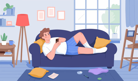 Man relaxing on couch using his phoneのイラスト素材