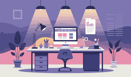 Illustration of a home office setup with computer desk, chair, computer, lamp, plant, office, home, illustration, design, interior, workspace, monitor, table, drawing, art, modern,のイラスト素材