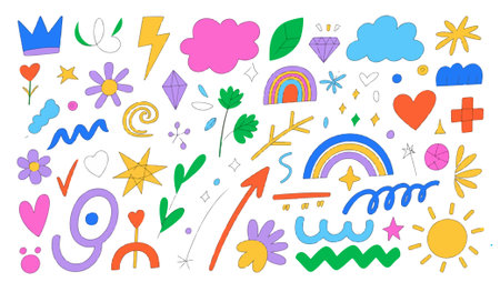 Collection of colorful doodle style illustrations crown, lightning, cloud, leaf, diamond, rainbow, heart, flower, star, arrow, sun, squiggle, spiral, branch, sparkle, wave, check,のイラスト素材