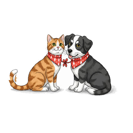 Cartoon cat and dog wearing matching bandanas  cat, dog, bandana, cartoon, animal, pet, friend, cute, illustration, mammal, domestic, striped, collar, drawing, artwork, design,のイラスト素材