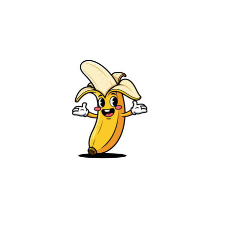 Cartoon banana character with open peel smiling banana, cartoon, character, peel, smiling, yellow, fruit, food, cute, happy, illustration, design, art, drawing, kawaii, mascot,のイラスト素材
