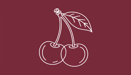 Minimalist White Cherry Fruit Outline on Maroon Background