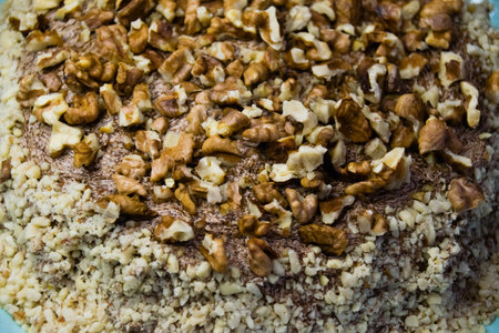 Delicious homemade cake with meringue, peanuts and walnuts on a light background. Concept of natural homemade baking.の写真素材