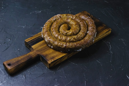 Delicious baked homemade sausage close-up on a dark wooden cutting board, on a dark concrete background, preparation for celebrating Easter in the family.の写真素材