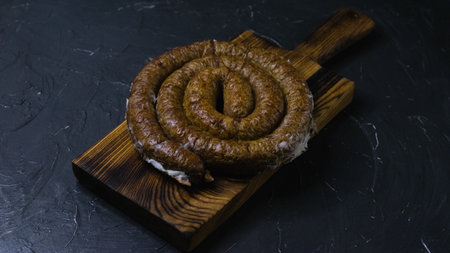 Delicious baked homemade sausage close-up on a dark wooden cutting board, on a dark concrete background, preparation for celebrating Easter in the family.の写真素材