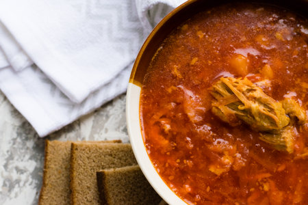 Delicious and aromatic red soup with meat, Ukrainian borscht. Traditional Ukrainian dish, cuisineの写真素材