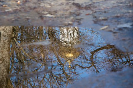 Spring, reflection in a puddle, church houses and sky.