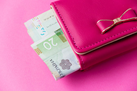 Wallet with money on pink paper background.