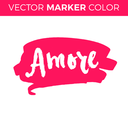 Amore. Love in Italian. Hand lettering calligraphy marker in hearts background. Vector for romantic cards for Valentines day or wedding.のイラスト素材