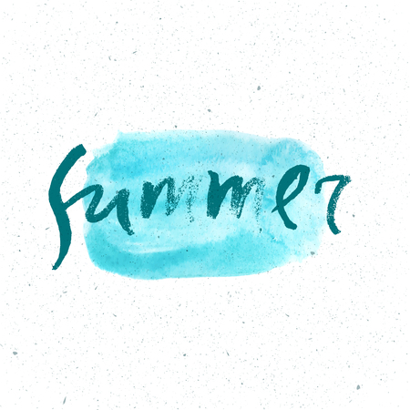 Modern and stylish typographic design poster. Hand lettered text Summer on a background of neon blue brush stroke.のイラスト素材