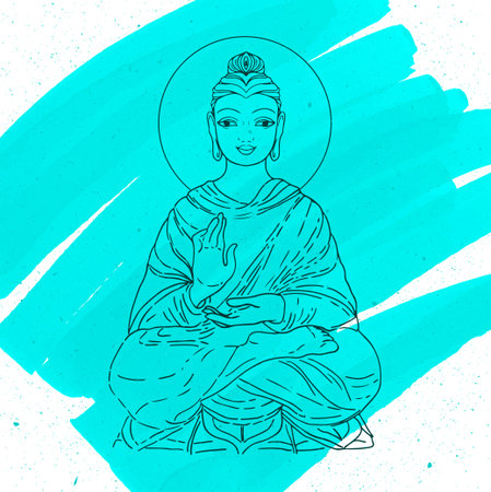 Sitting Buddha over watercolor background. Vector illustration. Vintage decorative composition. Indian, Buddhism, Spiritual motifs. Tattoo, yoga, spirituality.のイラスト素材