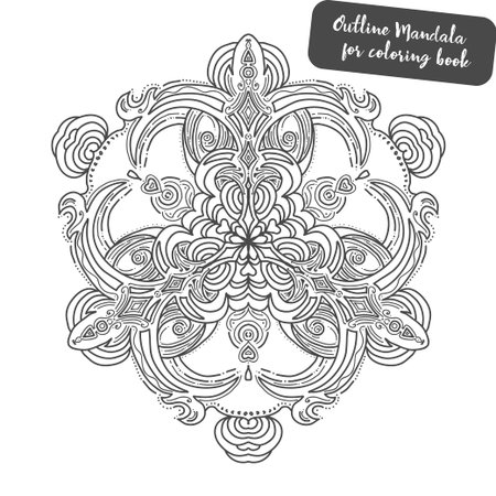 Outline Mandala for coloring book. Decorative round ornament. Anti-stress therapy pattern. Weave design element. Yoga logo, background for meditation poster. Unusual flower shape. Oriental vector.のイラスト素材
