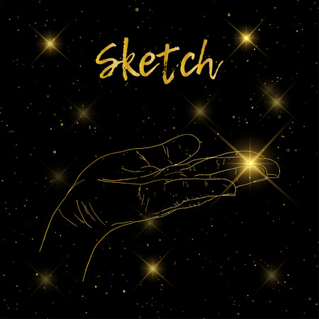 Sketch hand begging hands. Vector line illustration backgroundのイラスト素材