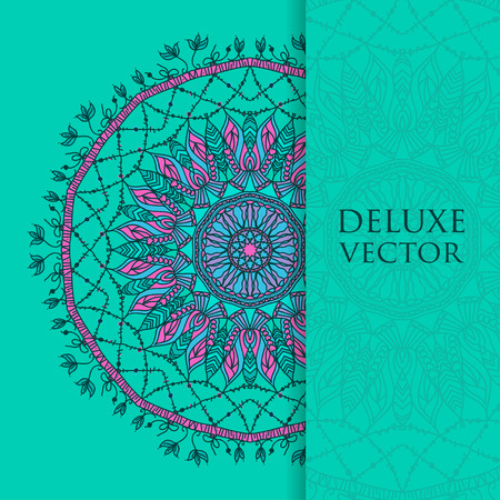 Square invite template. Vector invitation with mandala design element. Round flower ornament. Decorative vintage print. Luxury floral weaveのイラスト素材