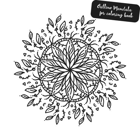 Outline Mandala for coloring book. Decorative round ornament. Anti-stress therapy pattern. Weave design element. Yoga logo, background for meditation poster.のイラスト素材