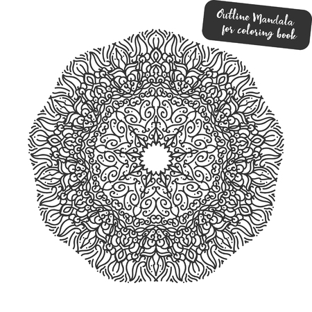 Outline Mandala for coloring book. Decorative round ornament. Anti-stress therapy pattern. Weave design element. Yoga logo, background for meditation poster.のイラスト素材