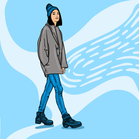 Illustration of a girl in winter clothing fashion isolated for your design banner. Modern concept design.の写真素材