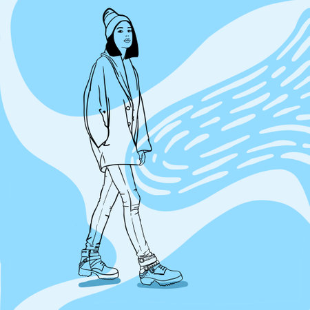 Illustration of a girl in winter fashion clothing silhouette for coloring isolated for your design banner. Modern concept design.の写真素材