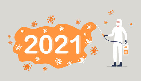 a worker in a protective suit sprays a disinfectant chemical to disinfect the viral pathogen.のイラスト素材