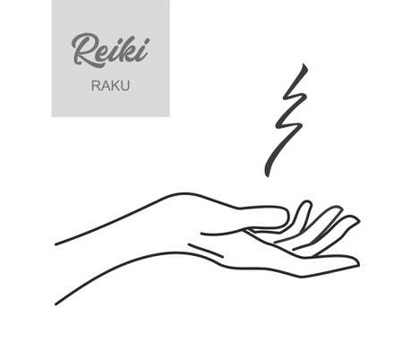 Reiki symbol. A sacred sign RAKU. A hand holds Reiki RAKU sign on white background. Alternative medicine.のイラスト素材