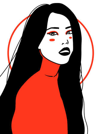 Beautiful young Asian girl in red clothes. Fashion illustrationの写真素材