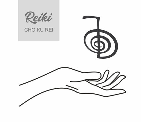 Reiki symbol. A sacred sign Cho Ku Rei. Reiki symbol. A hand holds Reiki CHO KU REI sign on a cosmic background. Alternative medicine.のイラスト素材