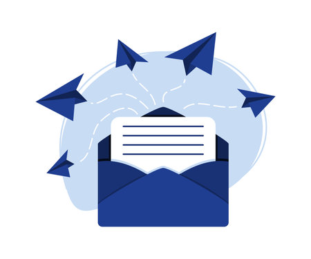 Vector postal blue envelope with a paper airplane on background. vector illustration.のイラスト素材