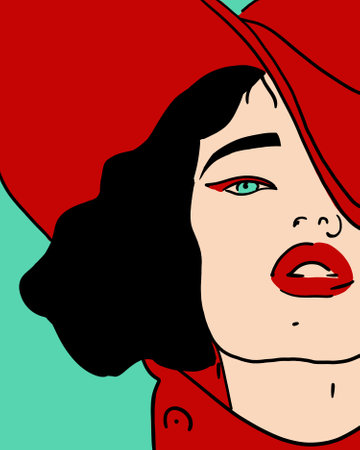 Beautiful girl wearing a red hat with red lips on a green background. Fashion illustration conceptの写真素材