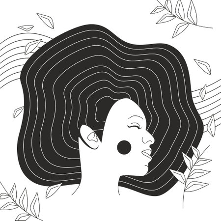 Vector flat illustration with a beautiful girl and leaves. Beautiful young fashion minimalist.のイラスト素材