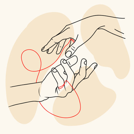 Happy valentine's day. Red thread of fate tied little fingers of two. Hands of couple in love. vector illustration.のイラスト素材