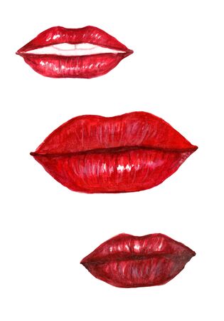 watercolor illustration of red lips in different positionsの写真素材