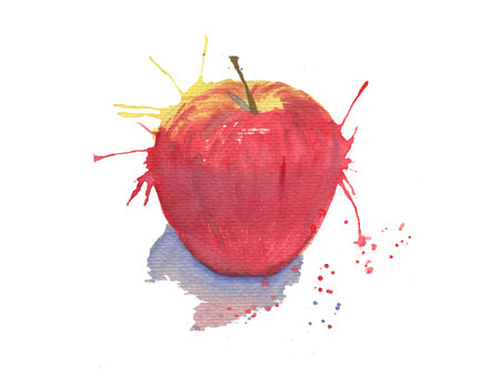 Watercolor apple with paint splashes, isolated on white backgroundの写真素材