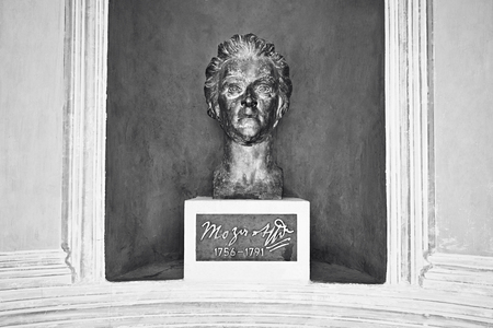 BadenAustria, June 10, 2015: bronze monument to Mozart in Kurparkの写真素材