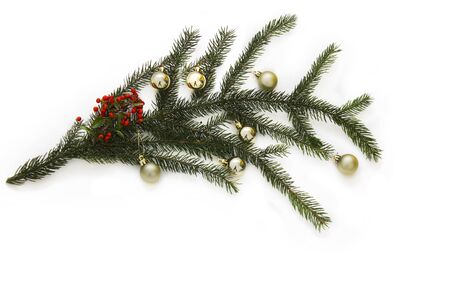 Christmas frame element for greeting card design. Decorations with Christmas tree and Christmas toys isolated on white background. New year card frame.の写真素材