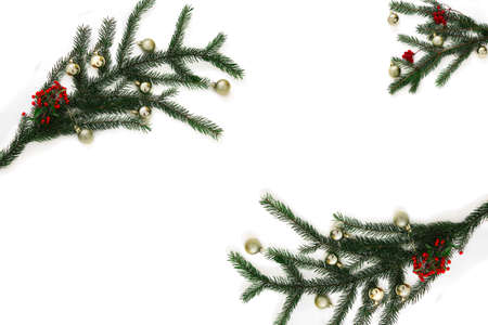 Christmas frame element for greeting card design. Decorations with Christmas tree and Christmas toys isolated on white background. New year card frame.の写真素材