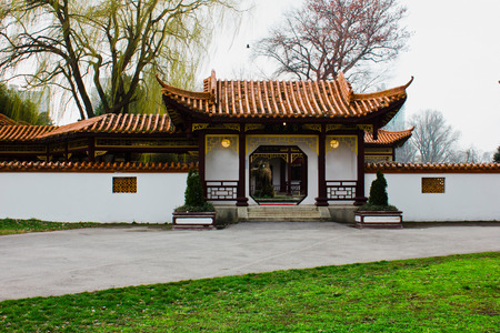 Austria, Vienna, 10 March 2016: The Chinese restaurant in the city center. Exterior Asian cuisine restaurant with pagoda.のeditorial素材