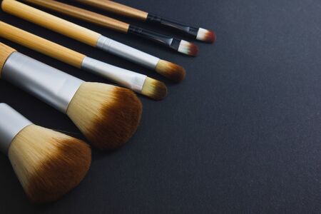 A set of brushes for professional makeup on a black background. Brown cosmetic brush.の写真素材