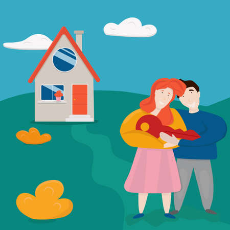 Happy couple stands on the lawn in front of the house and holds the key in their hands. Buying a house with a mortgage. Real estate lease.のイラスト素材