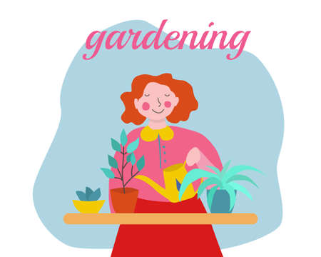 A girl caring for indoor plants. Watering flowers in the home garden.のイラスト素材
