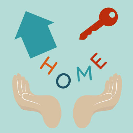 Spell the word "home", key and house in hand. Vector illustration of the concept of buying real estate, mortgage, renting a house.のイラスト素材