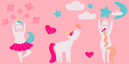 Set of vector illustrations of funny and cute unicorns. Funny kids characters. Set for designのイラスト素材