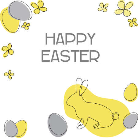 Easter illustration with bunny, eggs and flowers. Minimalistic hand drawing with black lines.のイラスト素材